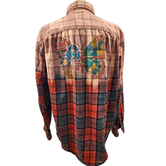 Upcycled Hand Painted Butterfly Flannel Shirt - Bleached Red L Unisex - Picture 5 of 8